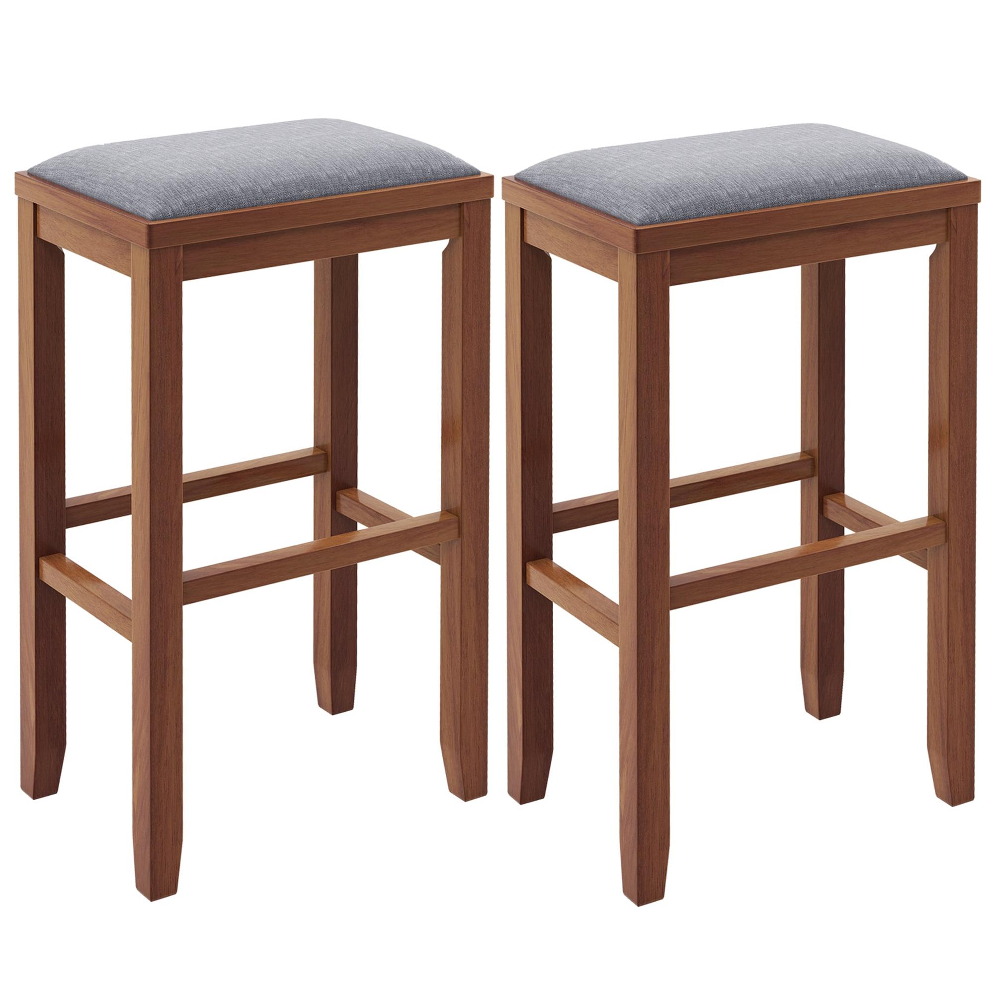 Walnut 31" Backless Upholstered Bar Stools with Gray Linen Seats