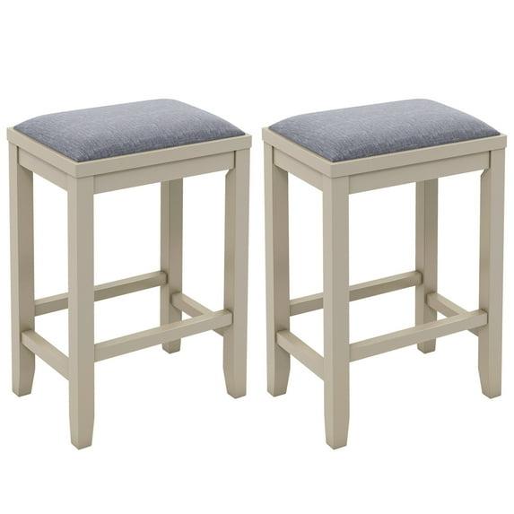 Costway Set of 2 Upholstered Bar Stools Wooden Counter Height Dining Chairs Griege
