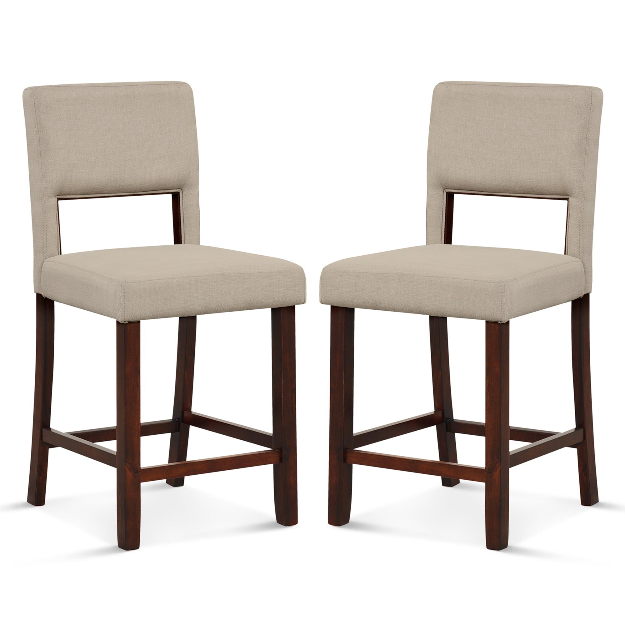 Beige Upholstered Linen Bar Stools with Wooden Legs, Set of 2