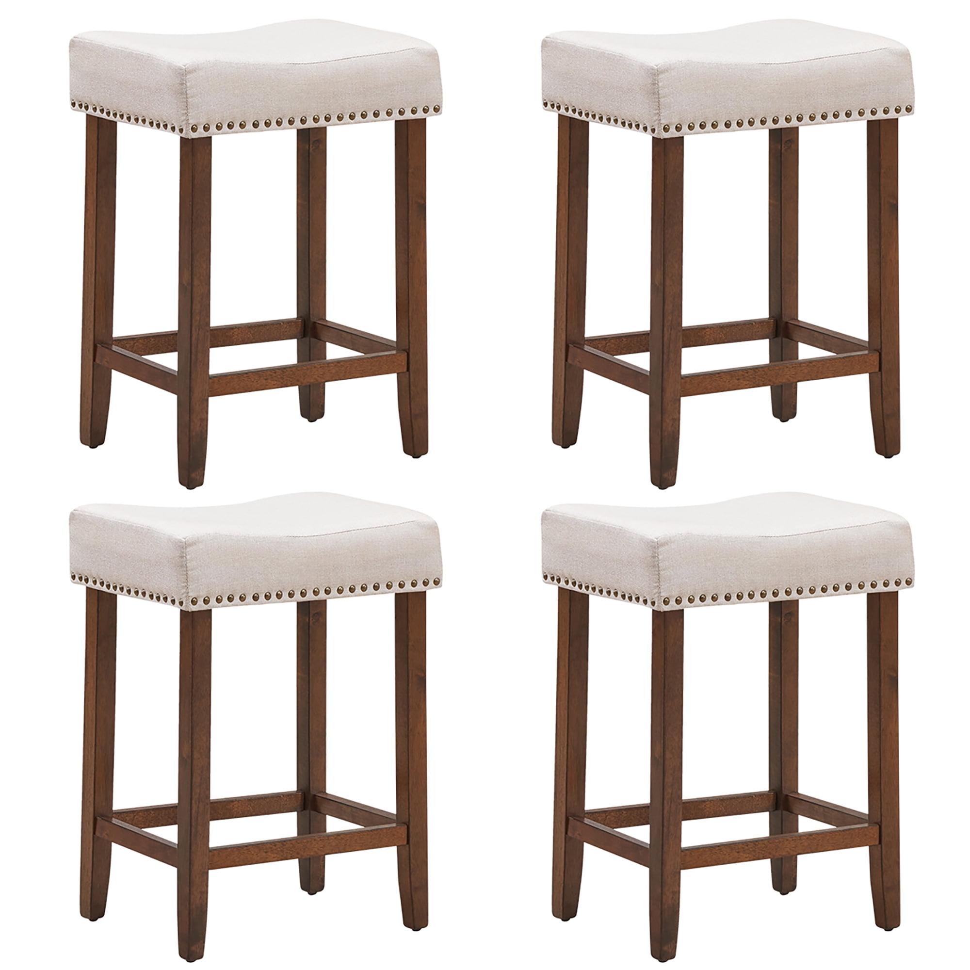 Beige Saddle-Style 24" Counter Height Bar Stools with Walnut Wood Legs, Set of 4