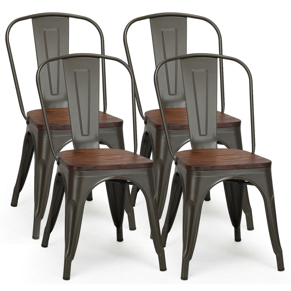 Vintage Elmwood Seat Metal High-Back Side Chair, Set of 4