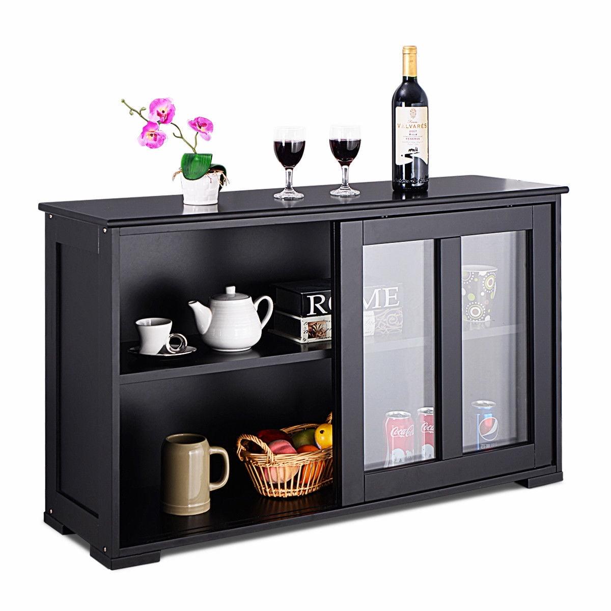 Costway Storage Cabinet Sideboard Buffet Cupboard Glass Sliding Door Pantry Kitchen Black