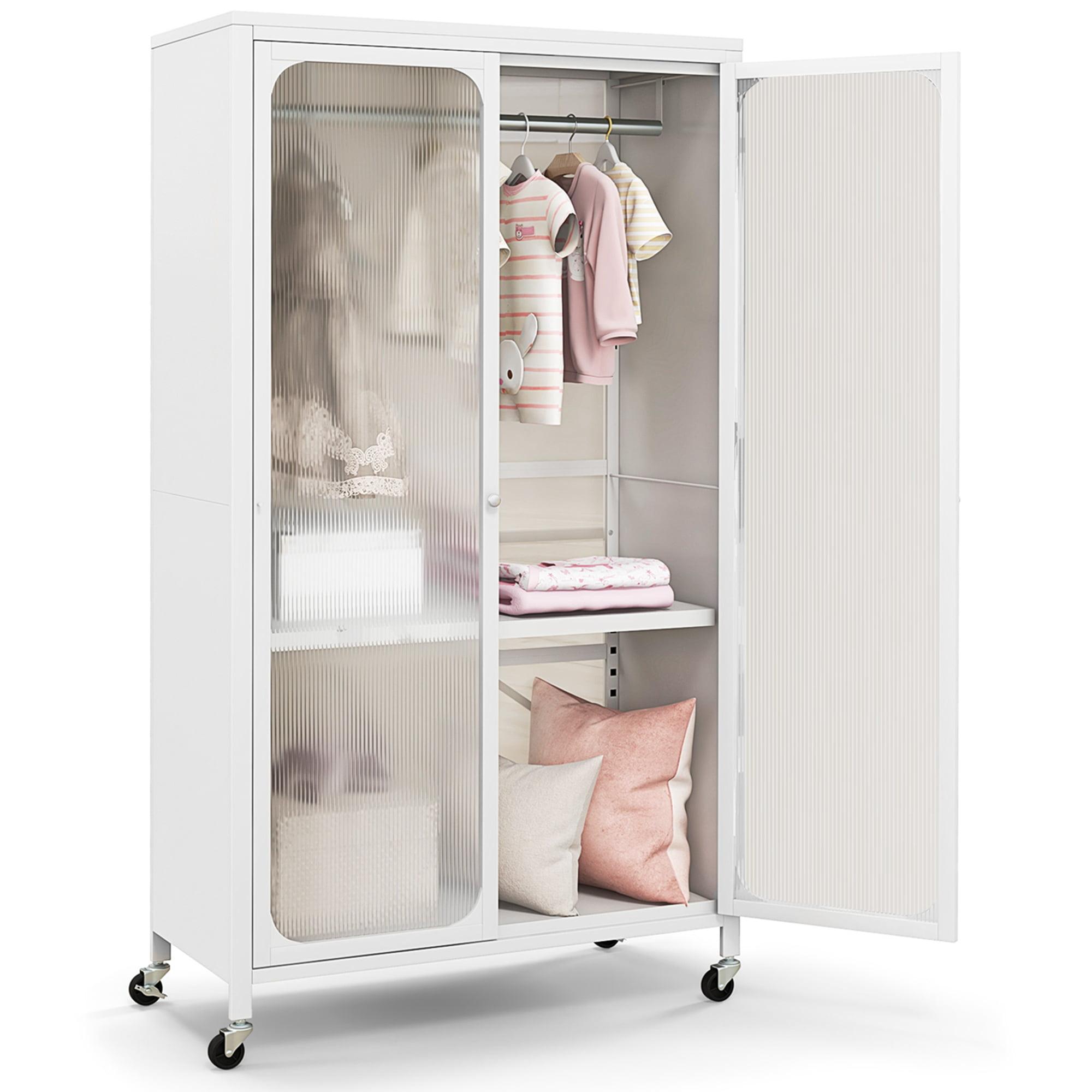 Costway Storage Wardrobe Cabinet Mobile Armoire Closet with Hanging Rod & Adjustable Shelf