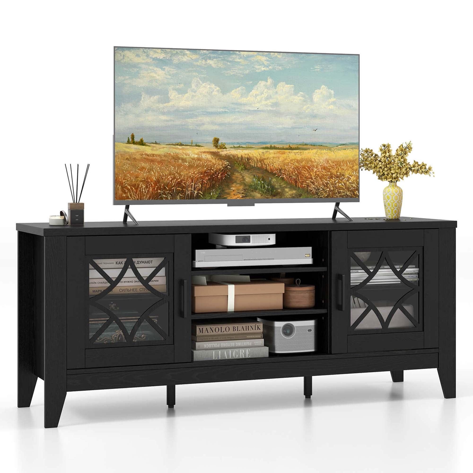 Costway TV Stand for TVs up to 65" with 3-Position Adjustable Shelves Tempered Glass Doors Black/Teal Blue