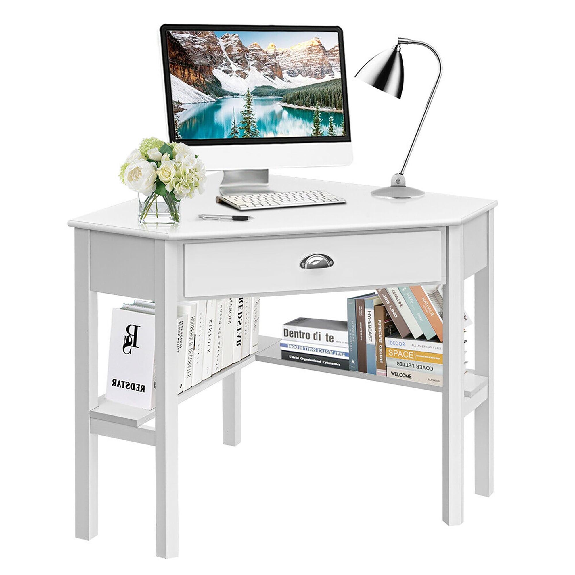 White Corner Wood Computer Desk with Drawer and Shelf