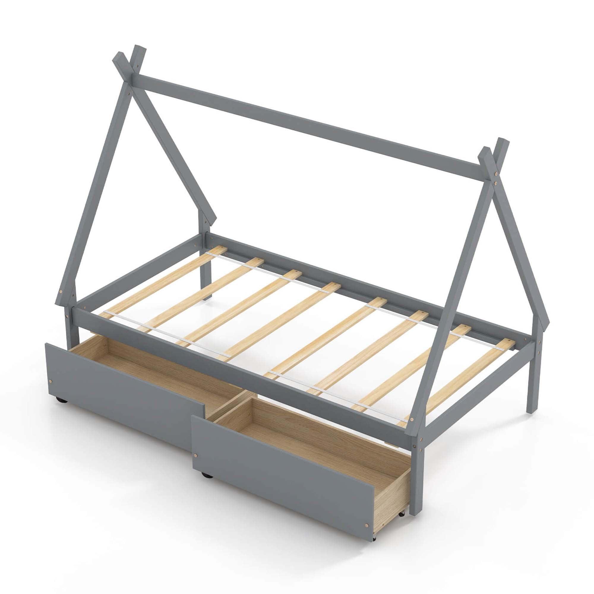 Topcobe Twin Size Wooden Tent Platform House Bed with 2 Drawers, Easy Assembly Strong Bearing Capacity-Gray