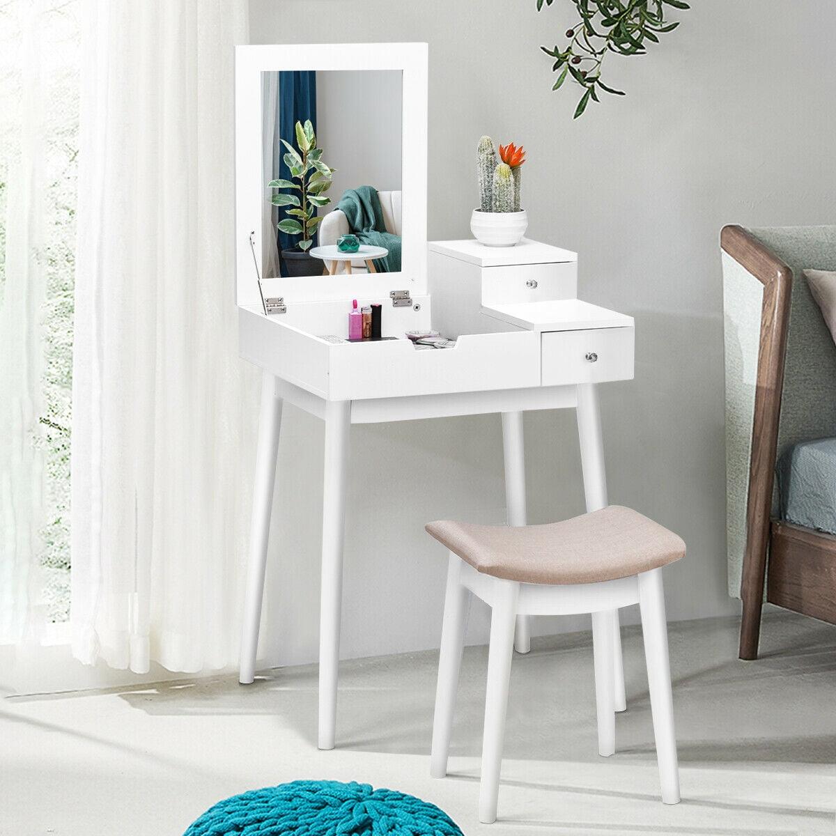 Elegant White Flip-Top Vanity Dressing Table with Concave Stool