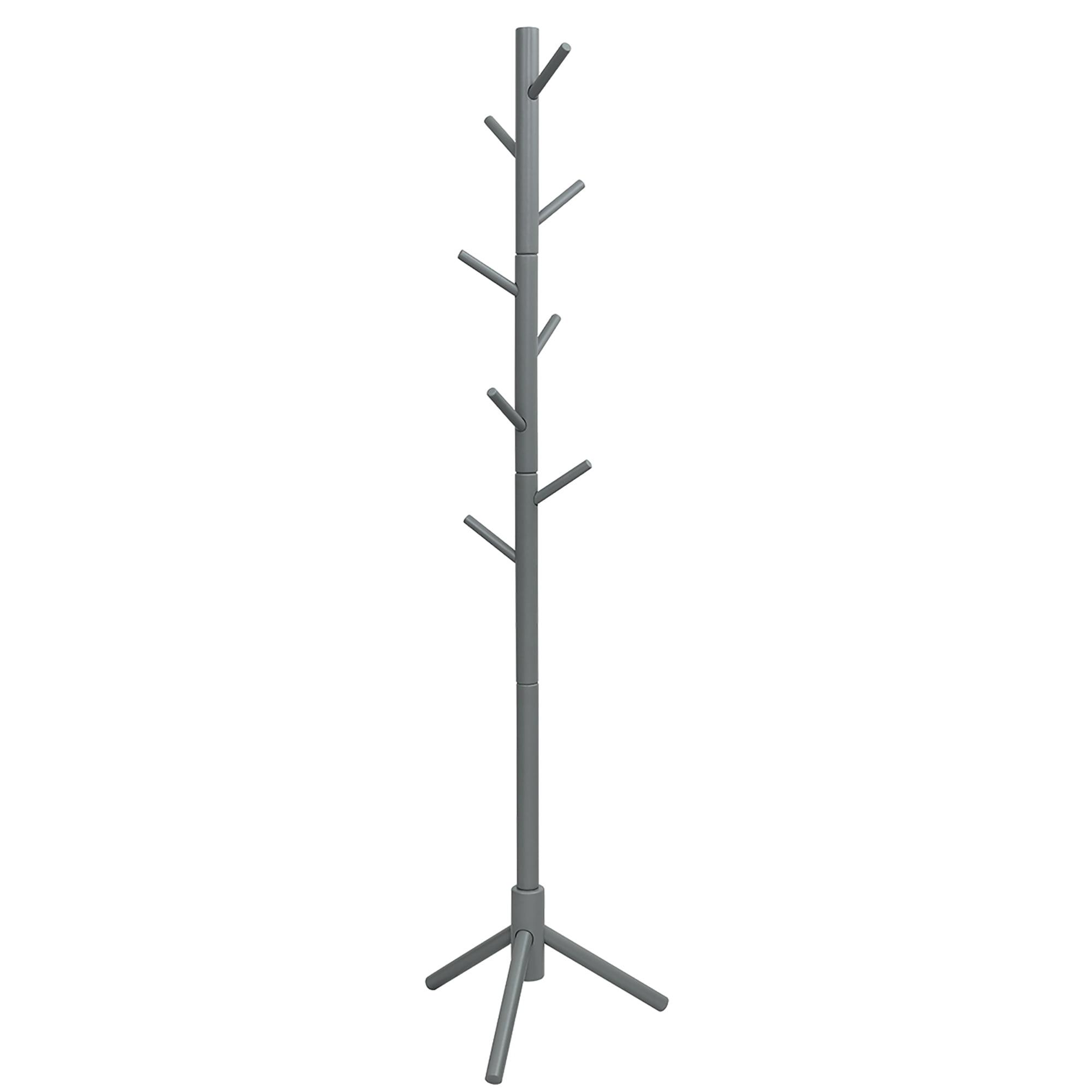 Gray Rubber Wood Adjustable Height Coat Rack with 8 Hooks