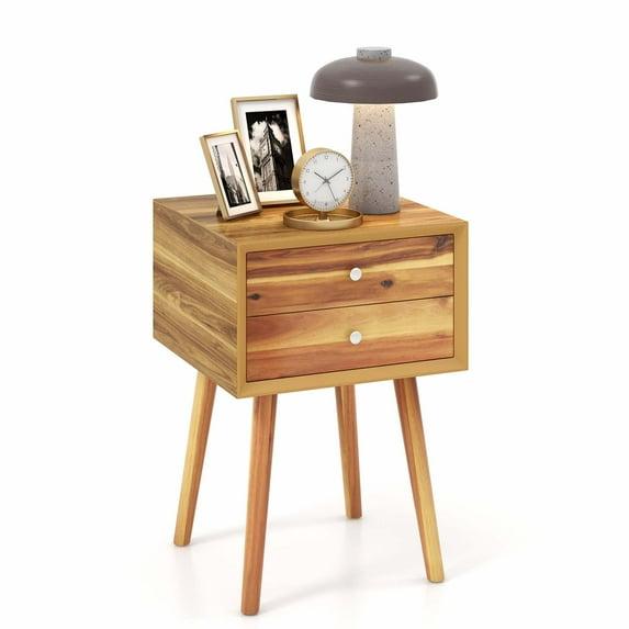 Tangkula Wooden Nightstand with 2 Storage Drawers Accent End Side Table for Bedroom&Living room Natural