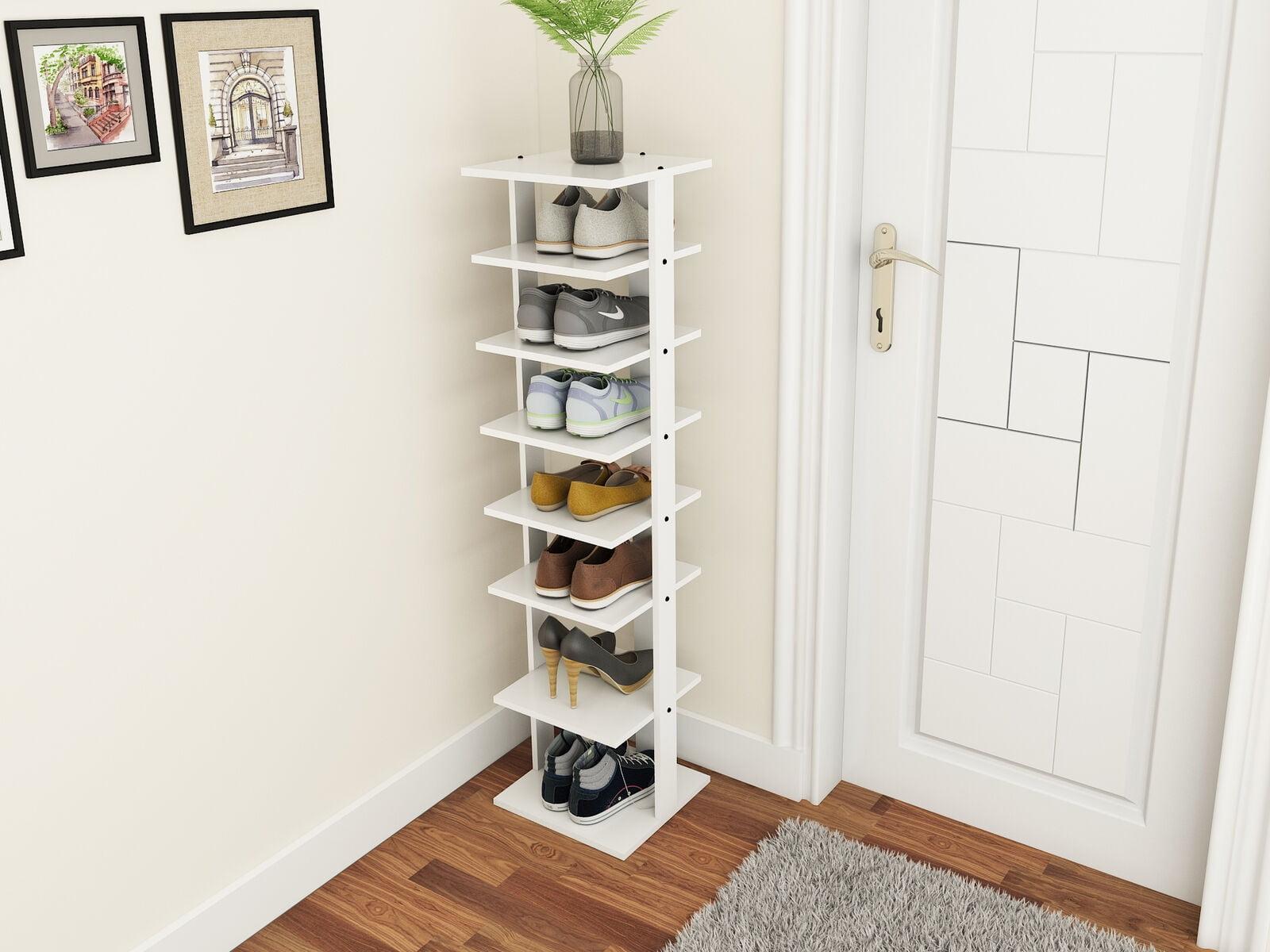 White 7-Tier Bamboo and Wood Shoe Rack Organizer