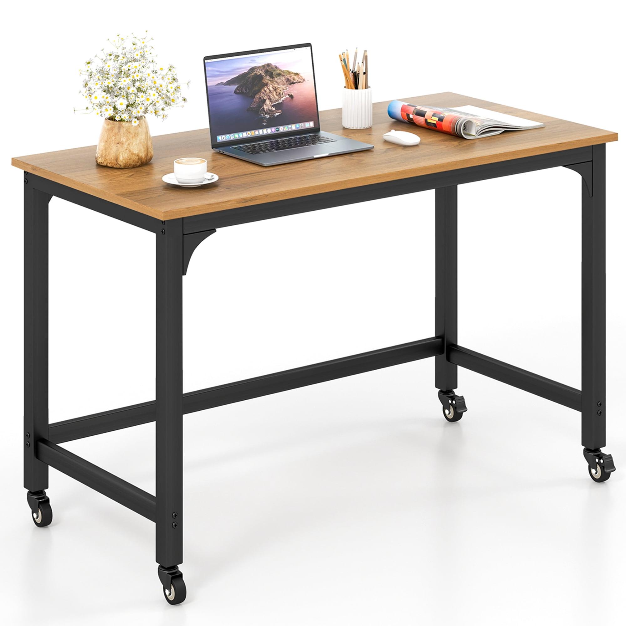 Modern Dark Brown Particleboard Rolling Computer Desk with Metal Frame