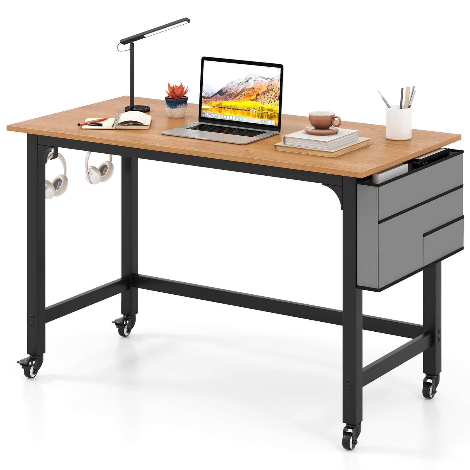 Modern Dark Brown Particleboard Rolling Computer Desk with Metal Frame