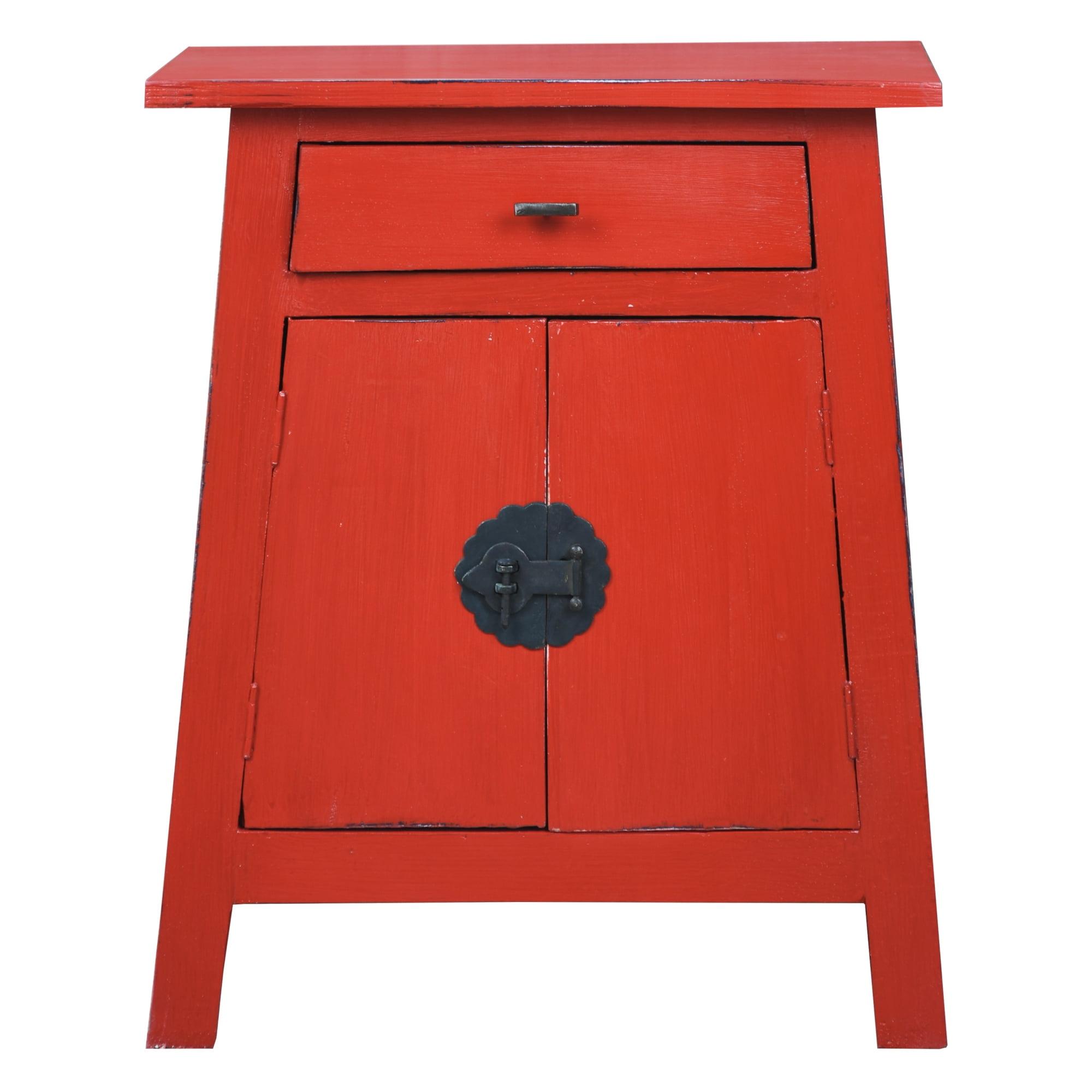 Distressed Red Mahogany Zen End Table with Carved Metal Accents