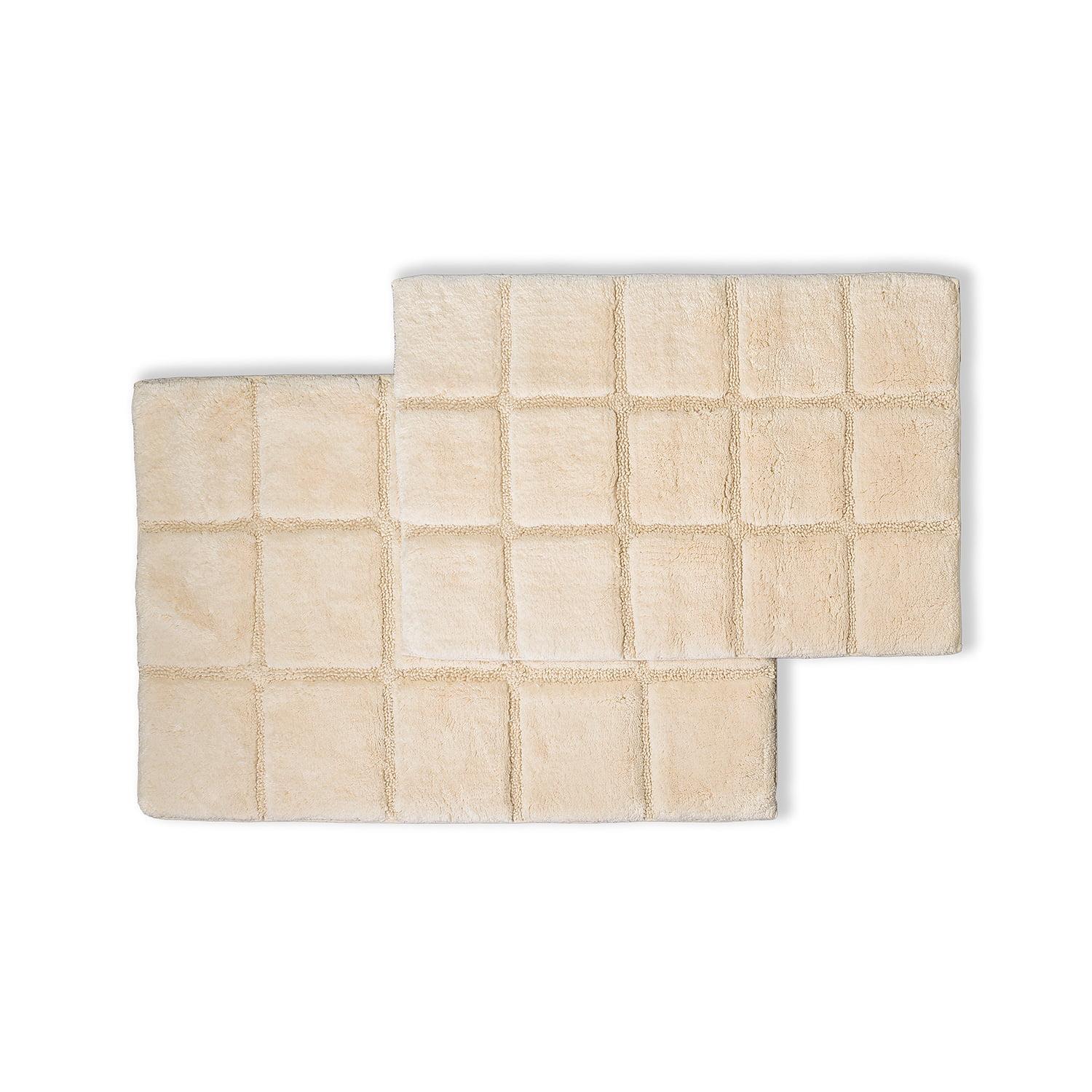 Ivory Checkered Cotton Non-Slip Bath Rug Set, 2-Piece