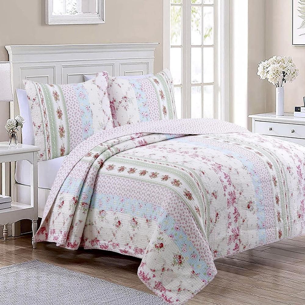 Twin Pink Cotton Reversible Floral Quilt Set