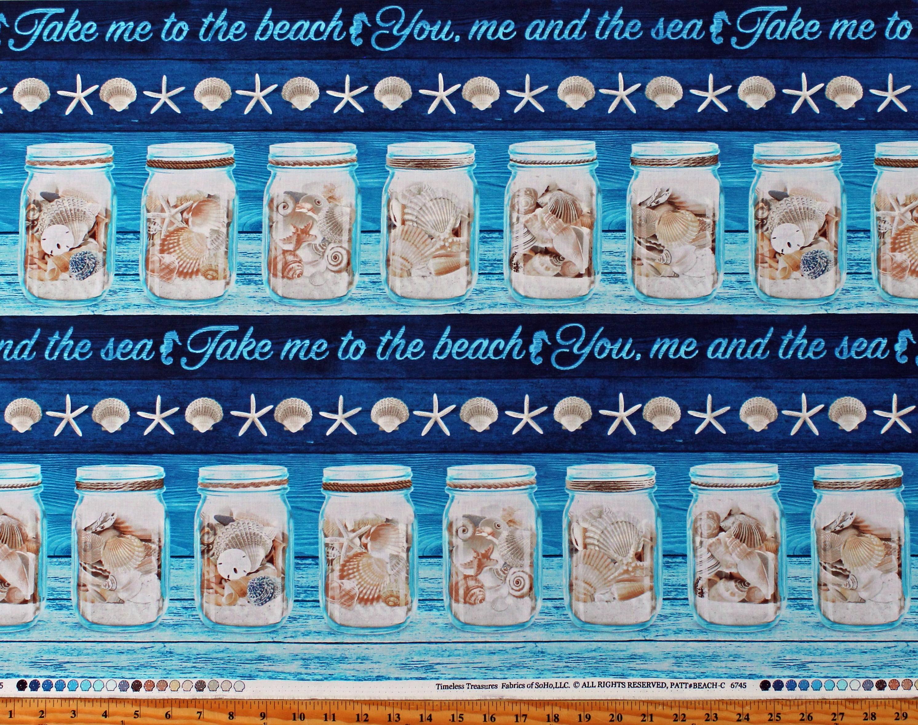 Cotton Seashells in Jars Beach Summer Vacation Travel Take Me To The Beach Blue Cotton Fabric Print by the Yard (BEACH-C6745-BLUE)