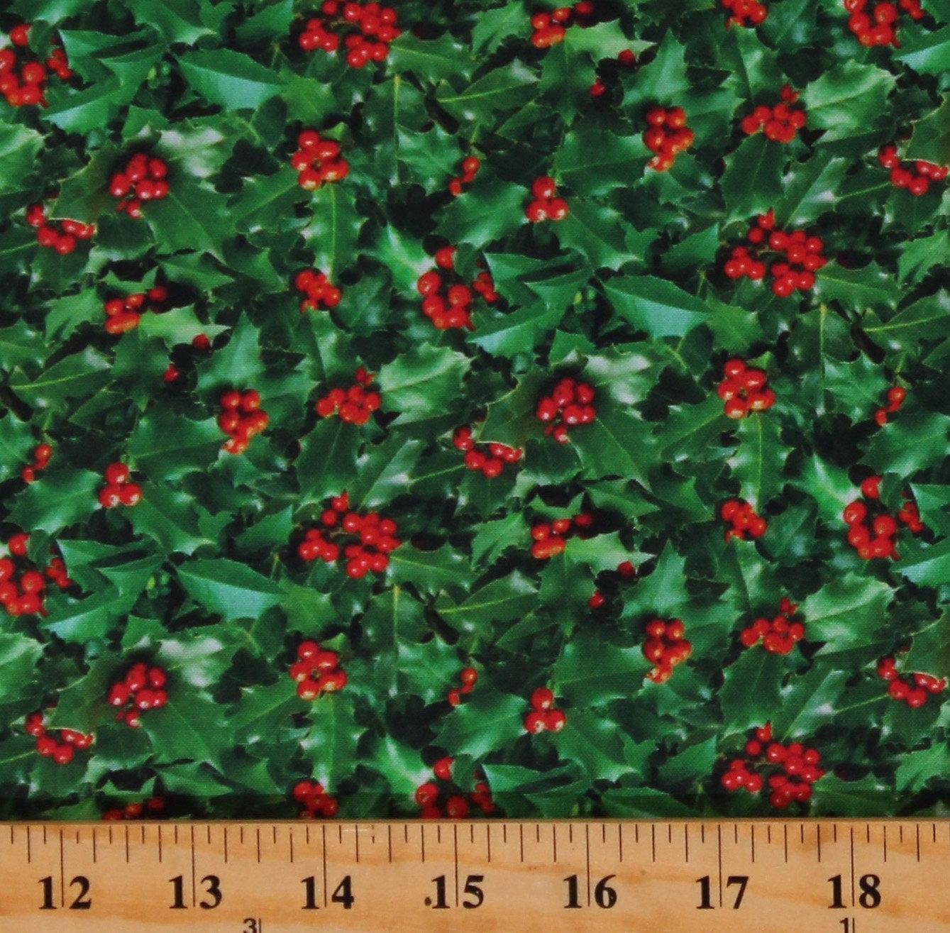 Green Cotton Winter Holly Leaves Christmas Fabric by the Yard