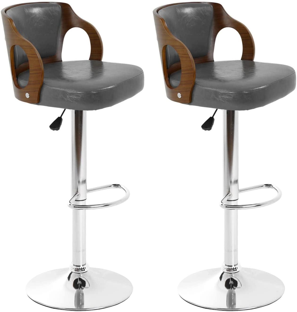 YRLLENSDAN Counter Height Adjustable Bar Stools Set of 2 with Back and Footrest Cushioned High Bar Chairs Set of 2 Leather Upholstered Kitchen Island Chairs with Metal Base,Gray