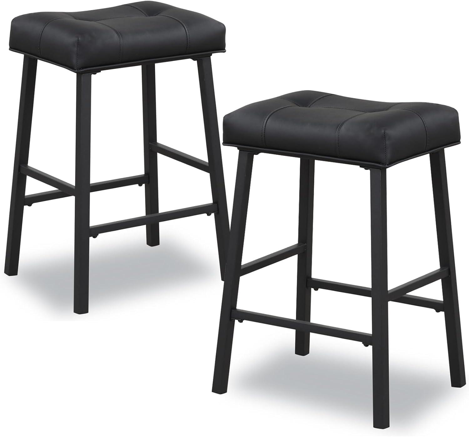 24" Black Metal Backless Saddle Bar Stools with Gray Leather