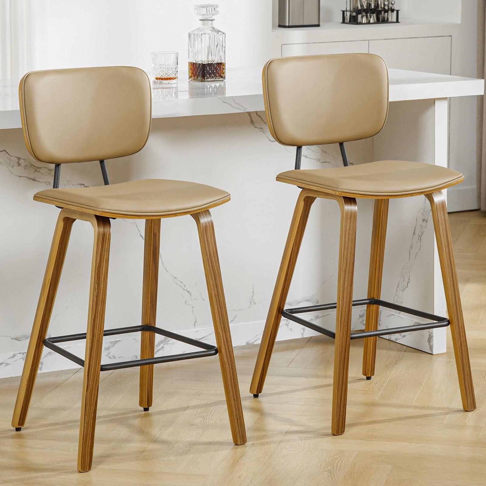 Counter Height Bar Stools, Set of 2, 26" Seat Height with PU Back Bent Wood Legs, Mid Century Modern Wooden Stool Leather Upholstered Bar Chair for Kitchen Island Dining Room