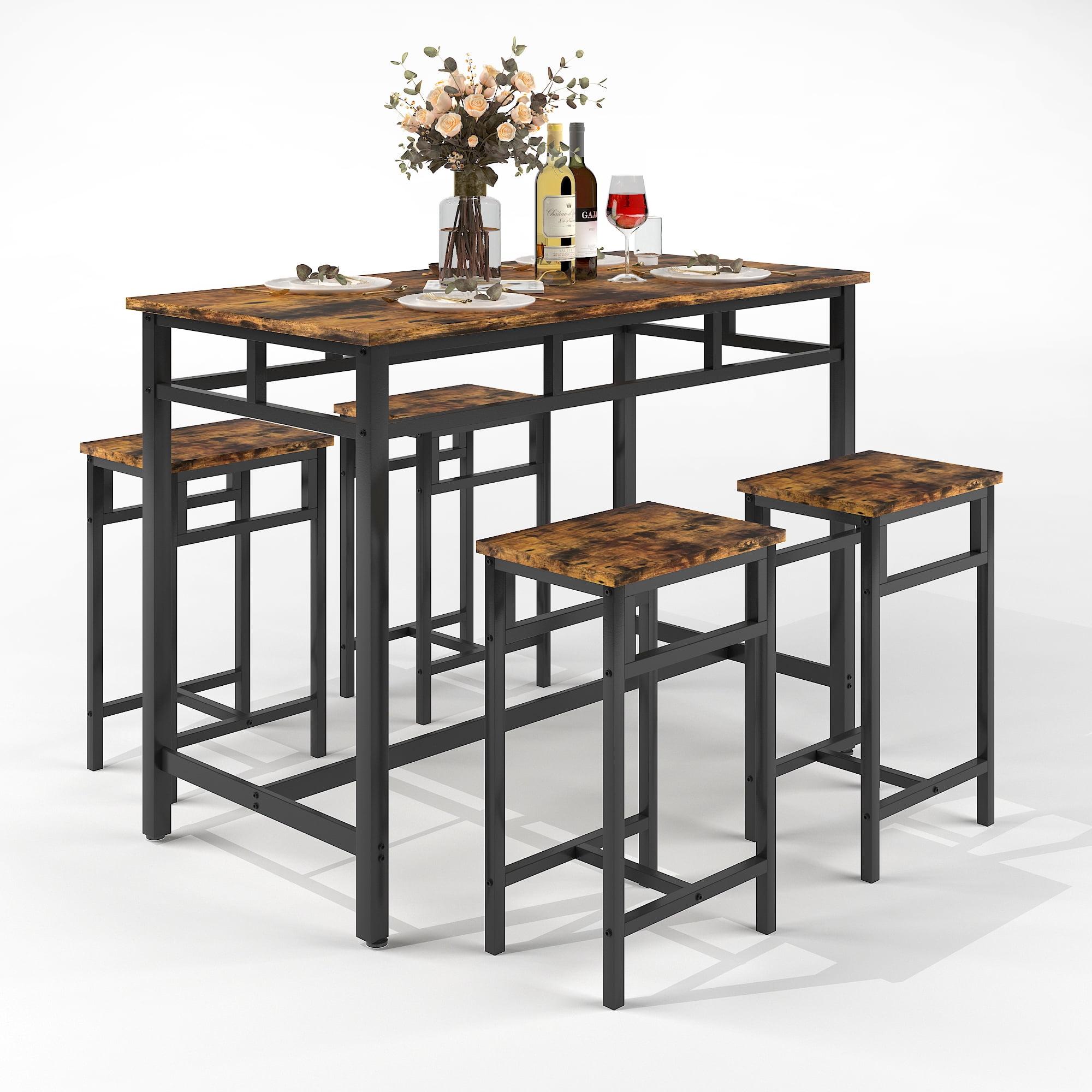 Counter Height Bar Table Set, 5 Piece Dining Table Set, Modern Pub Table with 4 Stools, Home Dining Table and Stools Set, 4-Person Kitchen Breakfast Table Set, Rustic Brown, D8995