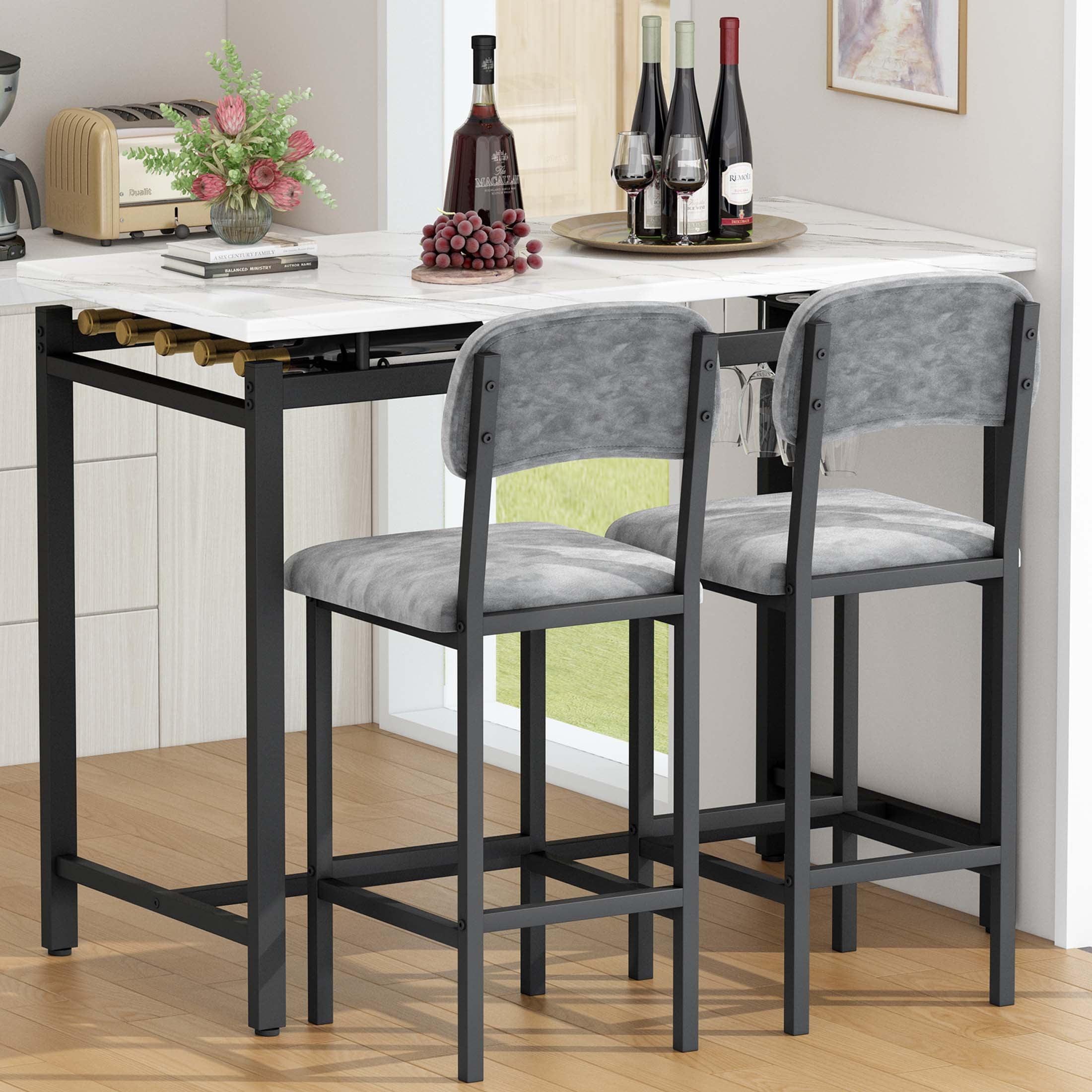 Gray and White Marble Top Pub Table Set with Upholstered Chairs