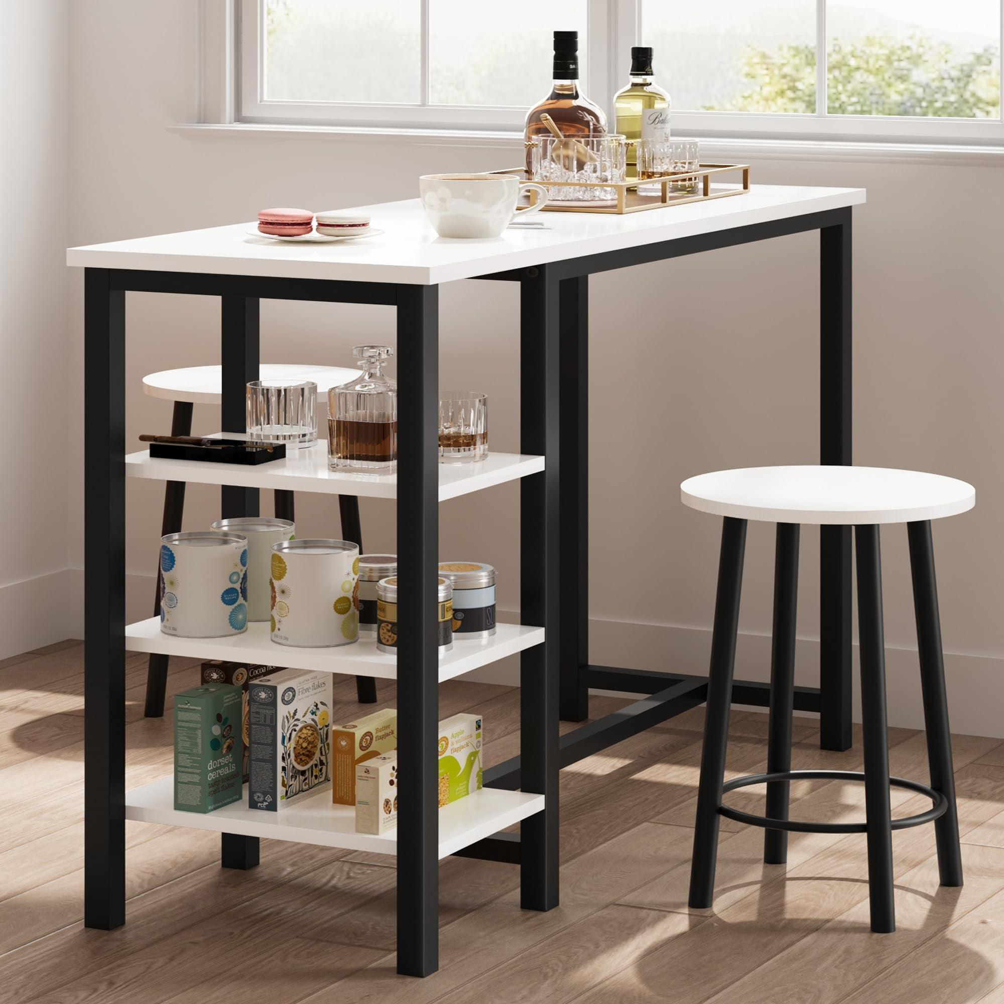 White and Black MDF and Metal Pub Table Set with Shelves