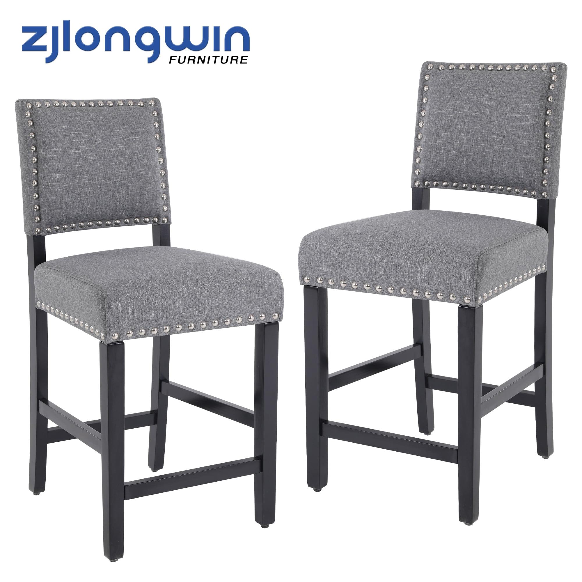 Counter Height Fabric Upholstered Barstools with Silver Nailhead Trim in Gray, Set of 2