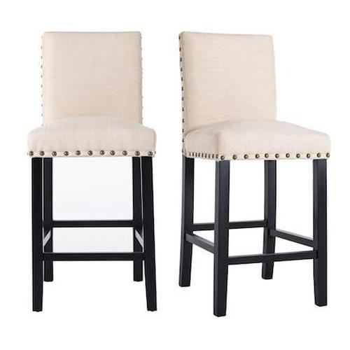 Beige Linen Upholstered Barstools with Rubber Wood Legs, Set of 2