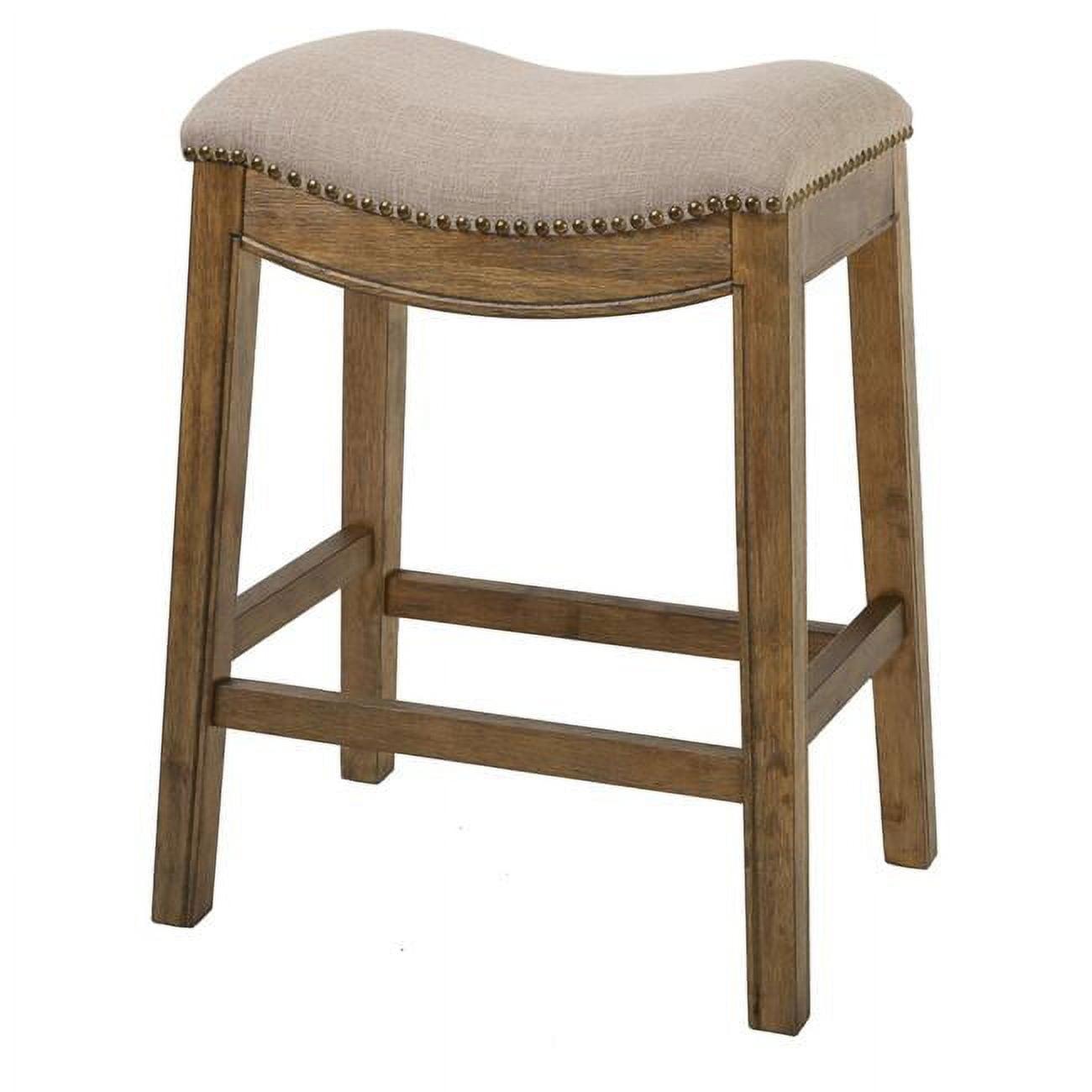 Traditional Cream and Wood Brown Saddle Counter Stool with Brass Accents