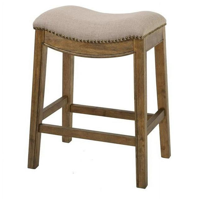 Counter Height Saddle Style Counter Stool with Cream Fabric & Nail Head Trim - 25.7 x 14.2 x 19.7 in.