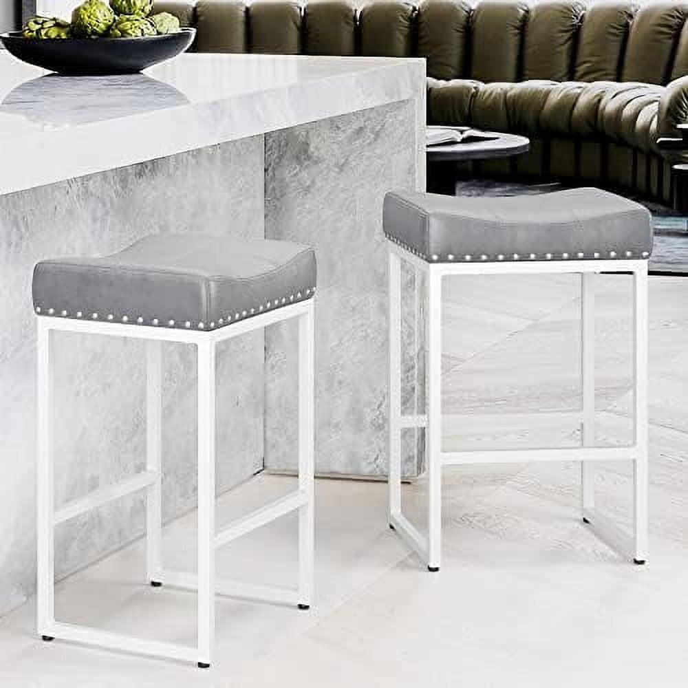 24" White Metal Saddle Bar Stools with Grey Faux Leather Cushion, Set of 4