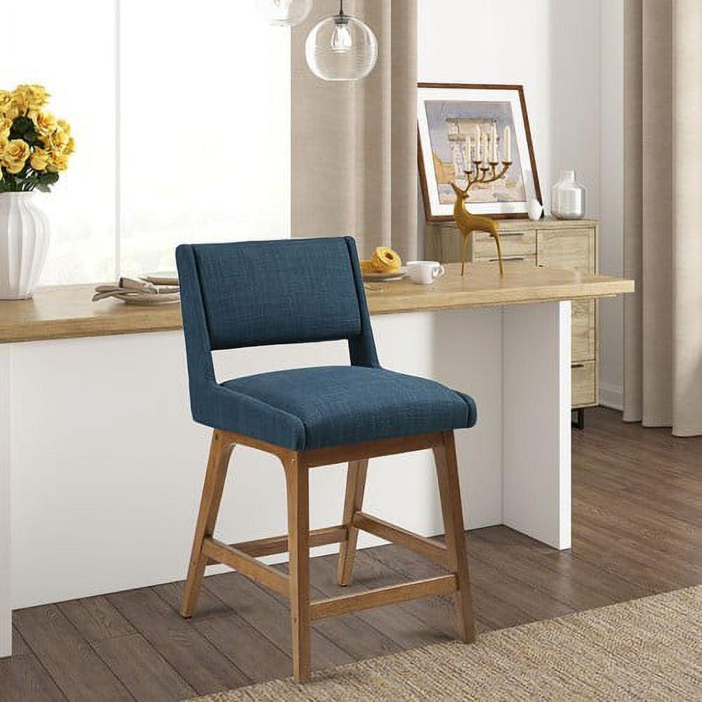 Navy Blue Pecan Wood Upholstered Counter Stool with Cushion