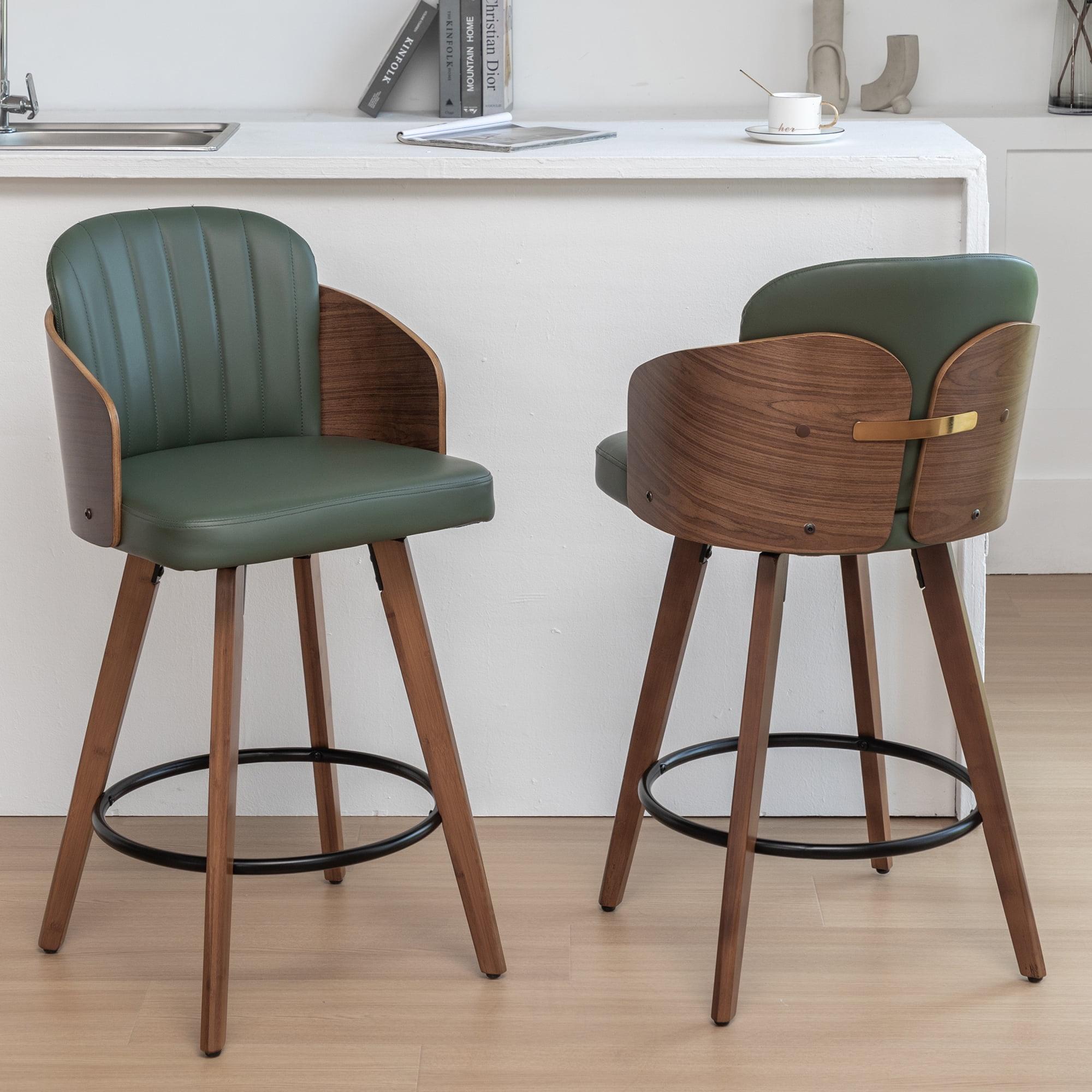 Green Leather and Walnut Swivel Counter Stools, Set of 2