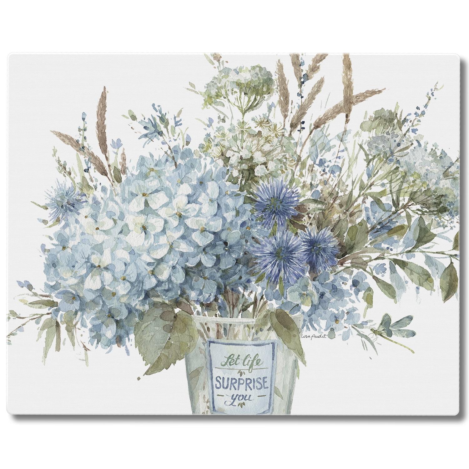 Bohemian Blue Floral Tempered Glass Cutting Board with Non-Slip Feet