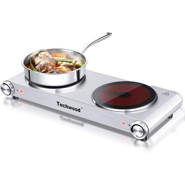 Countertop Stove Double Burner for Cooking, Infrared Ceramic Hot Plates Double Cooktop, Silver, Brushed Stainless Steel Easy To Clean Upgraded Version Stainless Steel Silver Double Burner