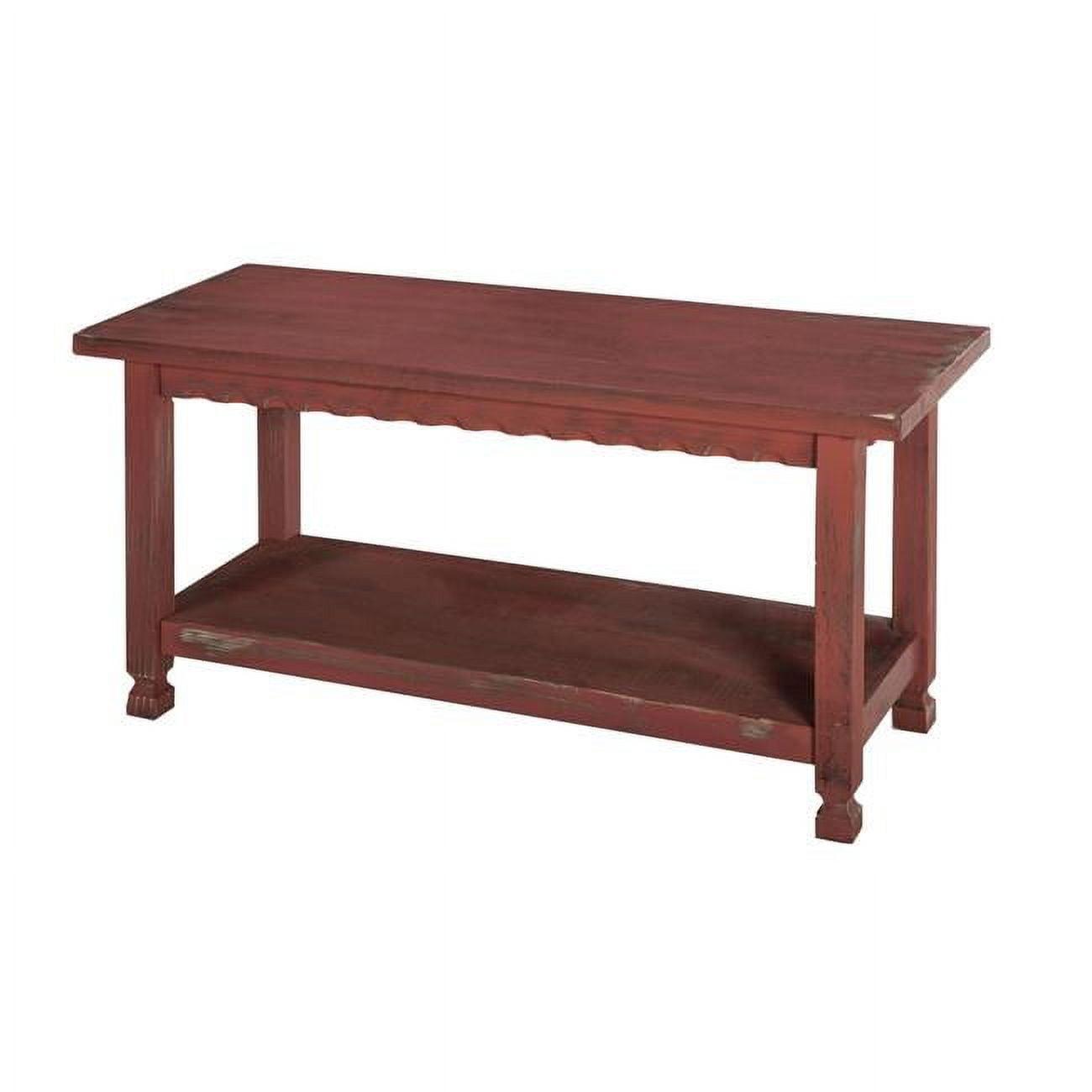 Antique Red Distressed Cottage Bench with Storage Shelf