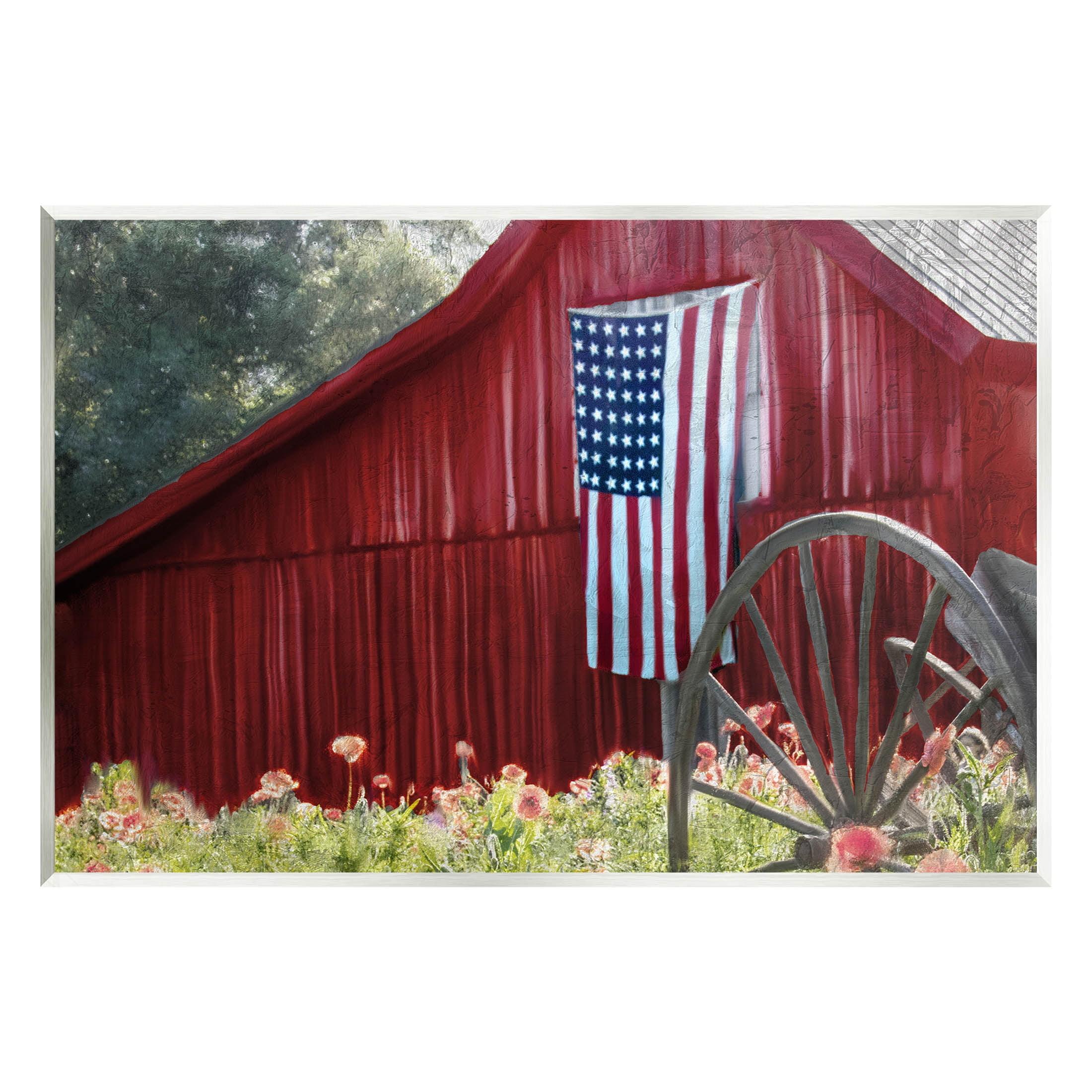 Rustic Red Barn with American Flag Wood Wall Art, 15" x 10"