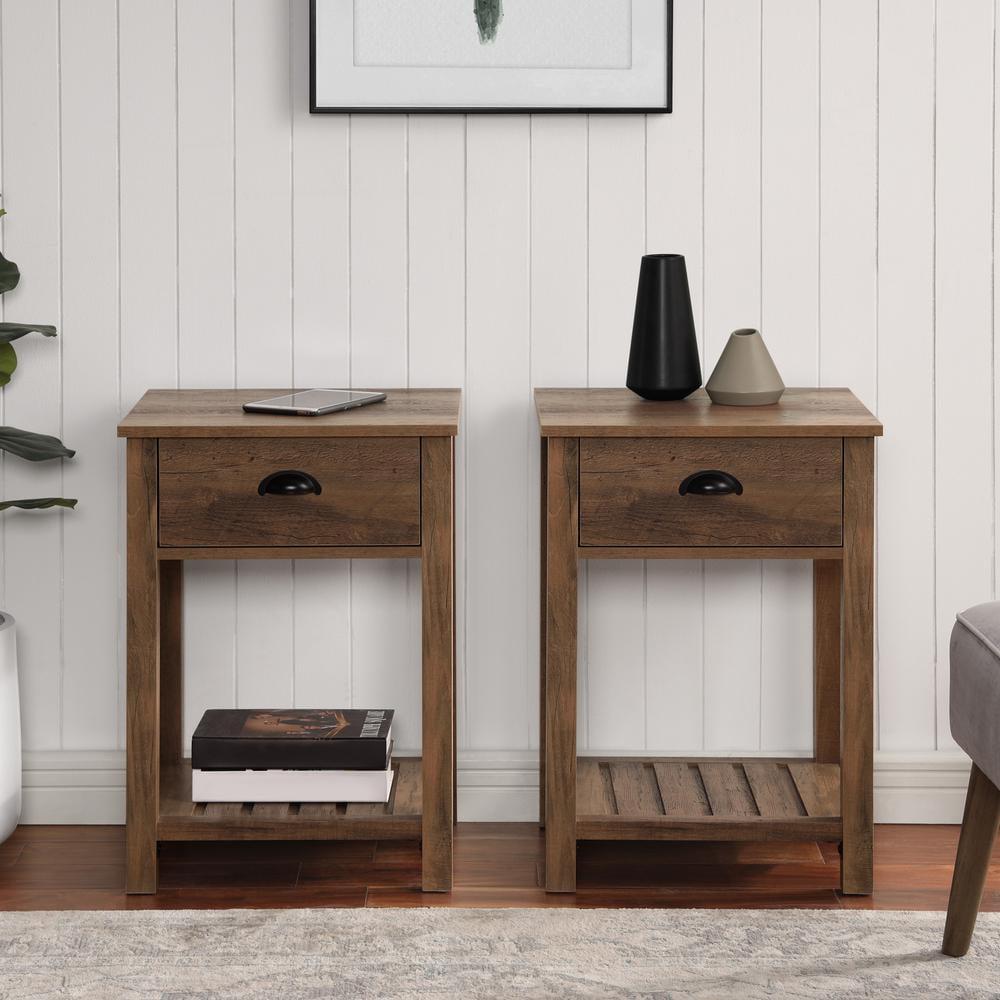 Rustic Oak Farmhouse End Table Set with Storage Drawer