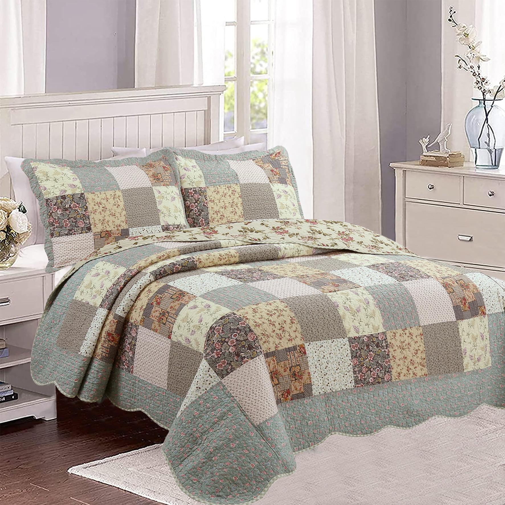 Cozy Line Home Fashions 100% Cotton Patchwork Blue Floral Garden Reversible Coverlet, Bedspread, Quilt Bedding Set (Azure Patchwork, Queen - 3 Piece)