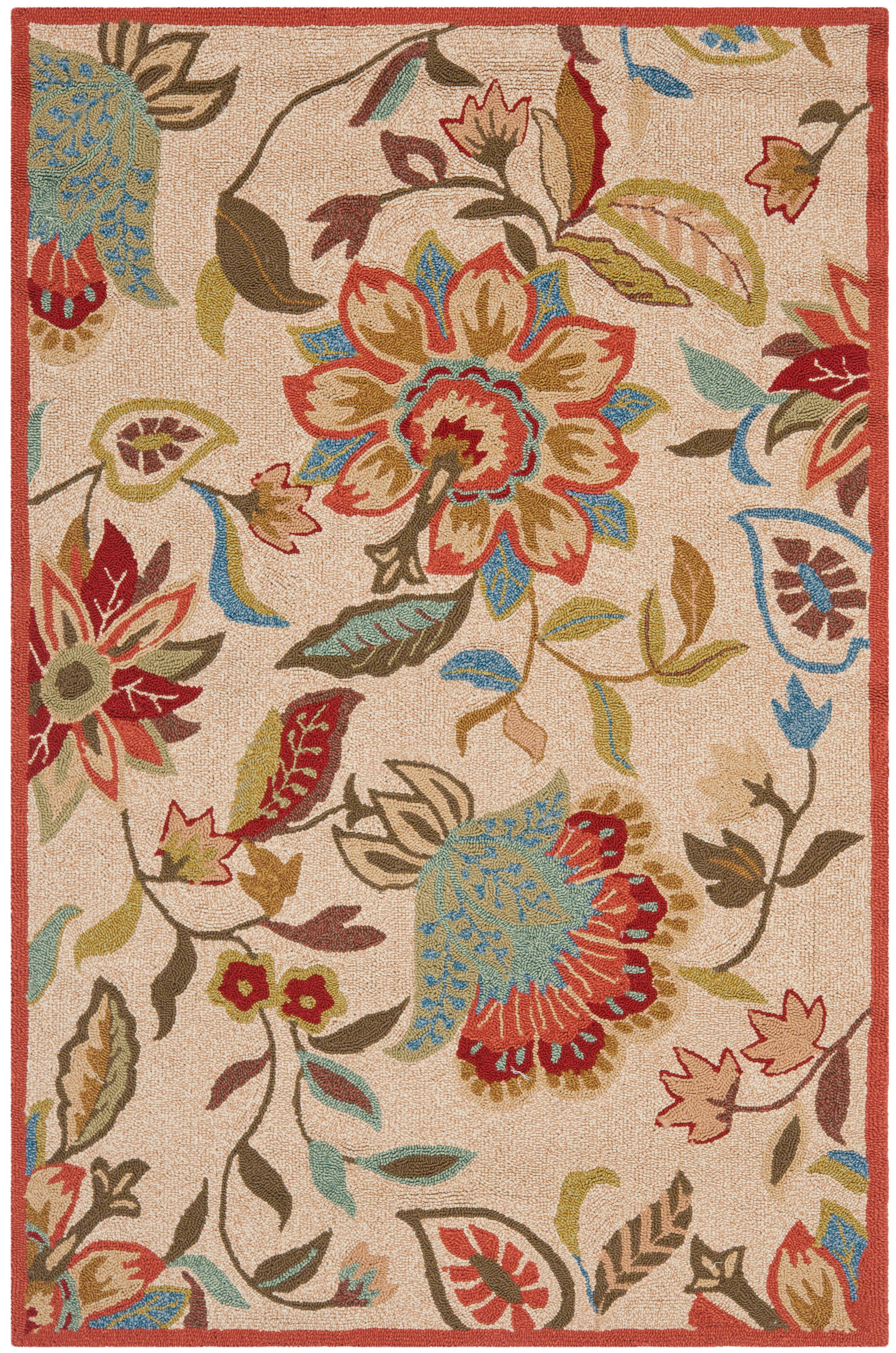 Ivory and Rust Floral Synthetic Rectangular Area Rug