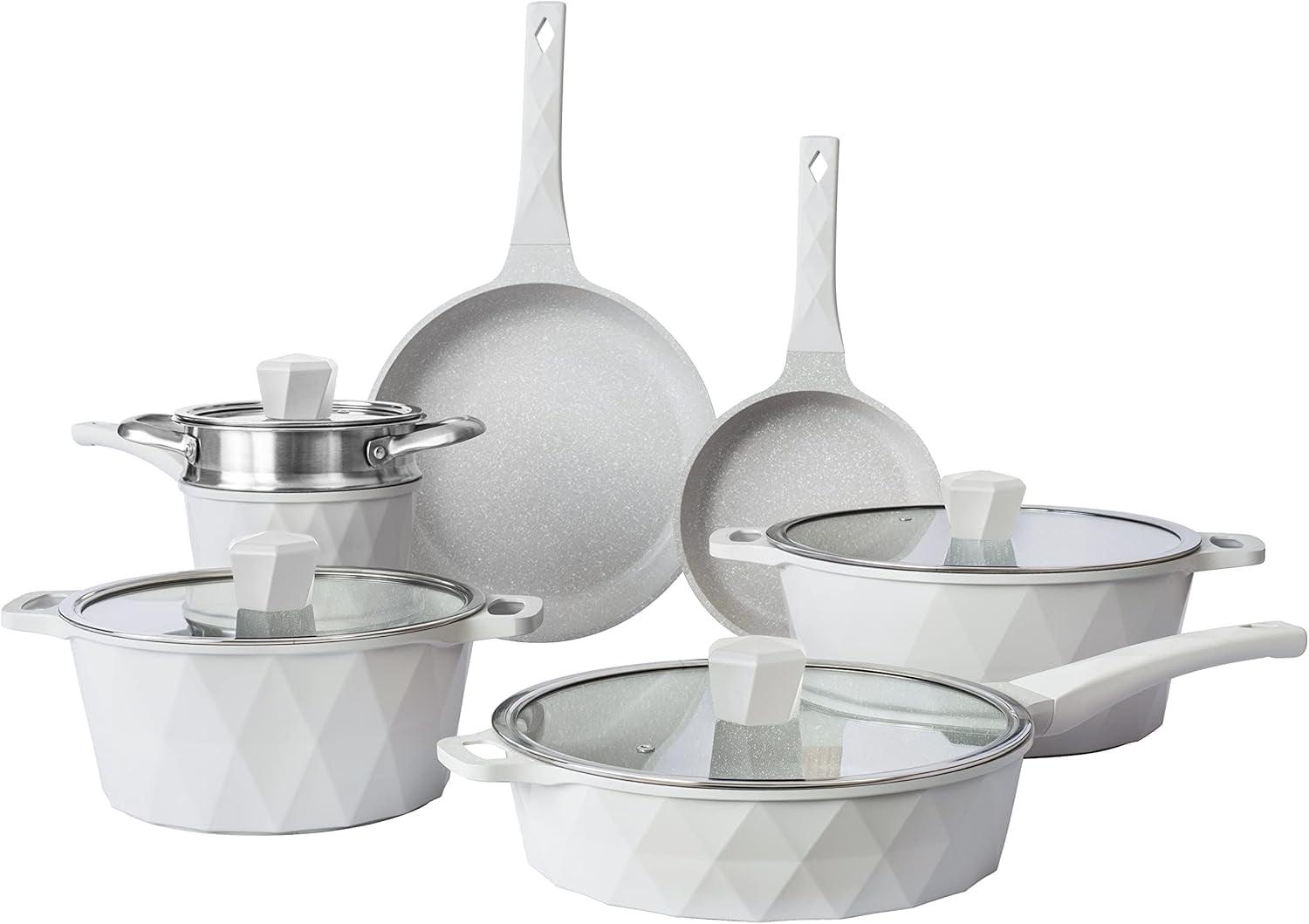 Country Kitchen 11-Pc Cast Aluminum Cookware Set Non Stick Pots and Pan Set, Cream Diamond