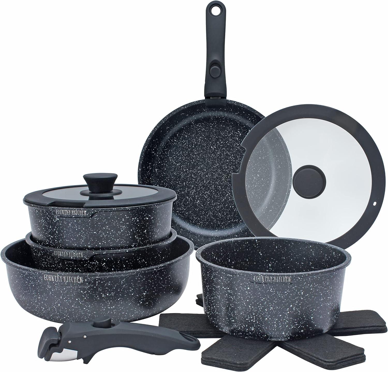 Country Kitchen 13-Pc Pots and Pans Set with Removable Handles Nonstick Cookware Set, Black
