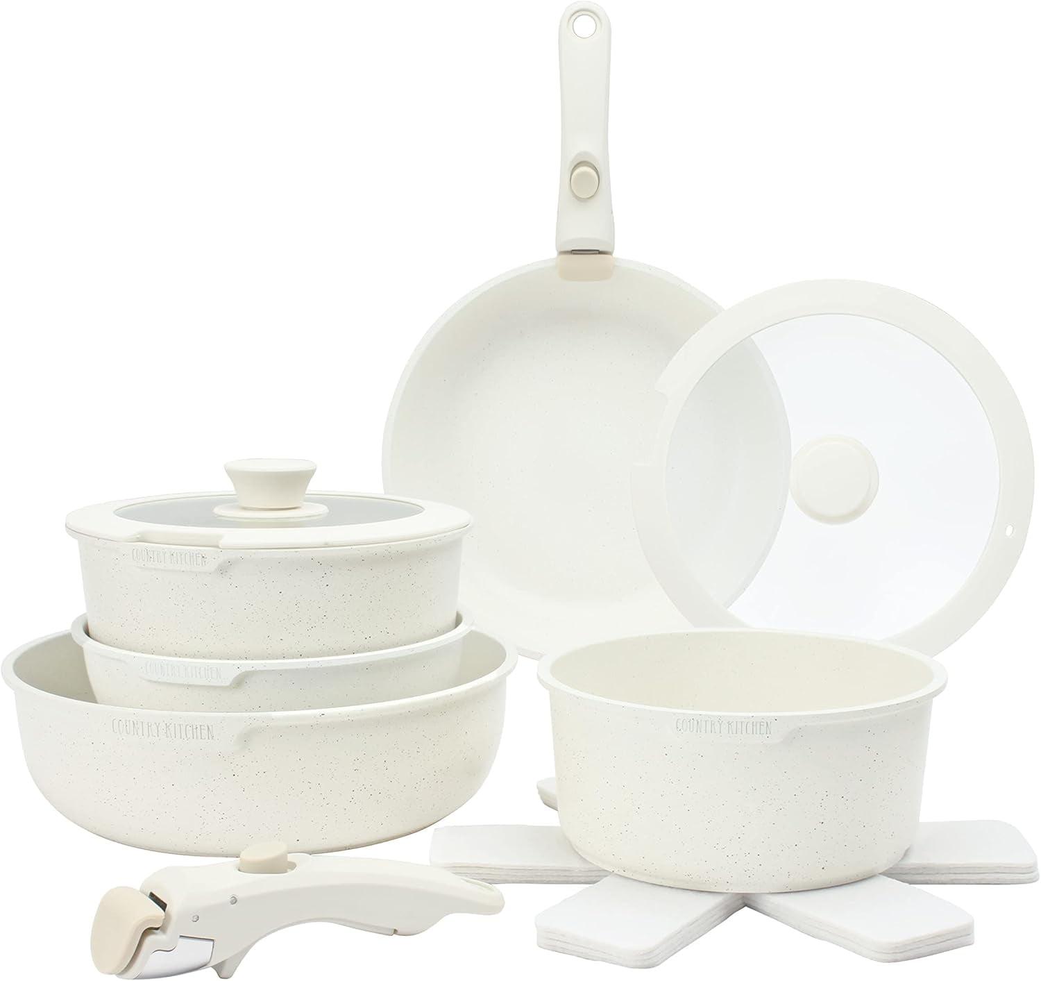 Country Kitchen 13-Pc Pots and Pans Set with Removable Handles Nonstick Cookware Set, Cream