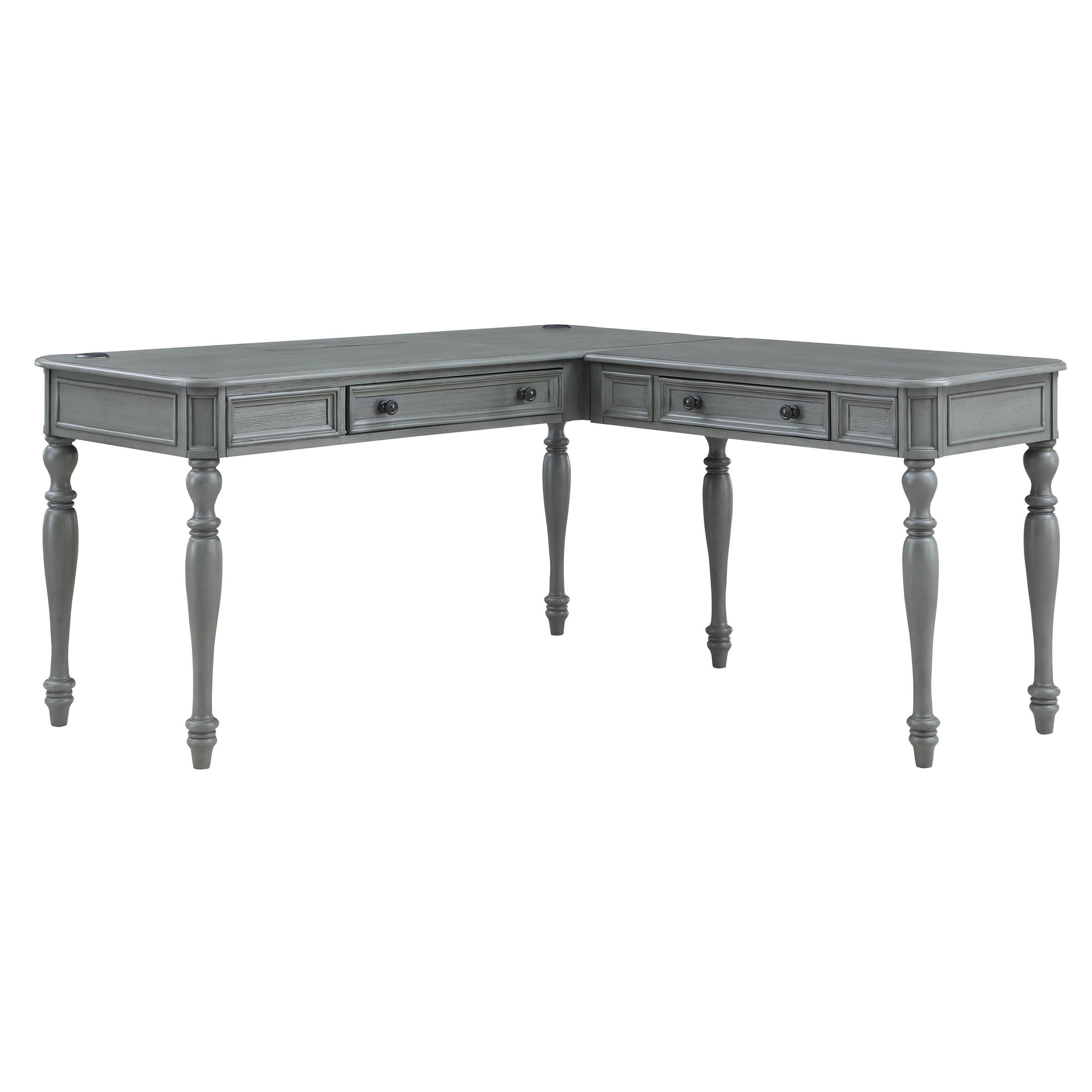 Gray L-Shaped Wood Corner Desk with USB Ports and Drawers