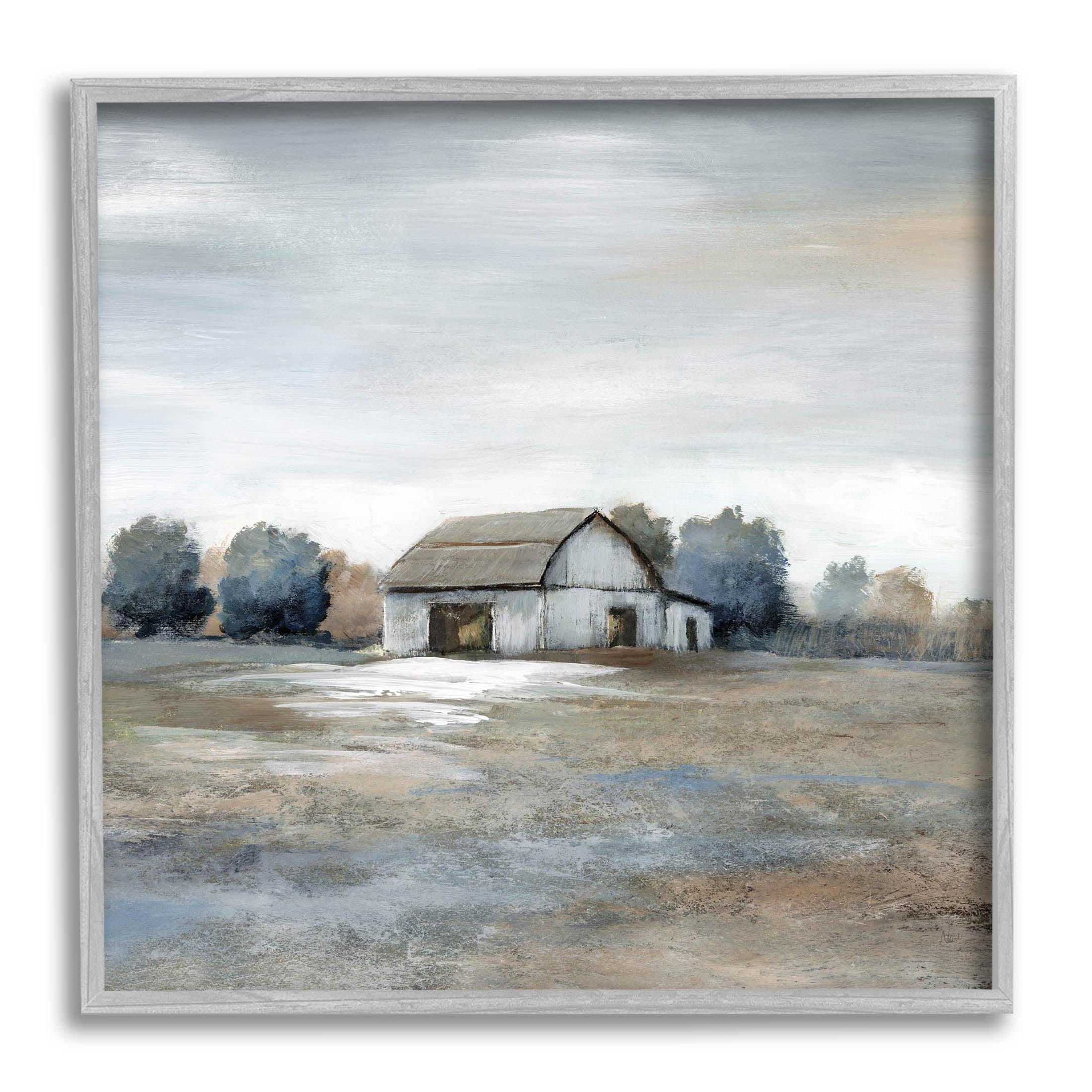 Neutral Tones Countryside Barn Landscape Canvas Print with Gray Frame