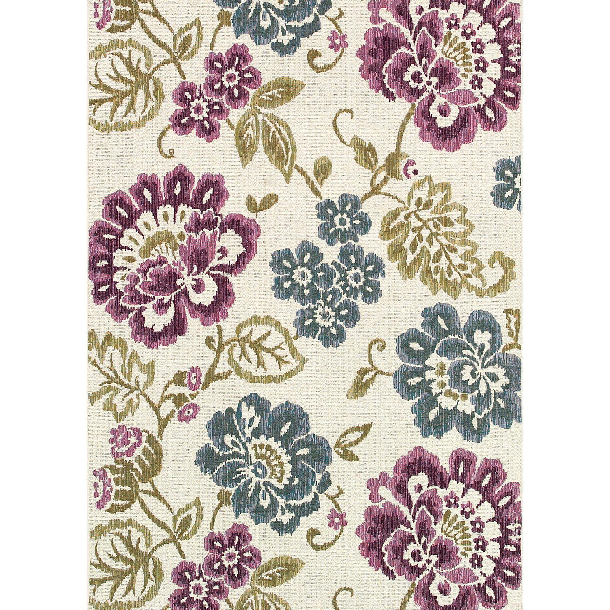 Ivory and Purple Floral Flat Woven Outdoor Area Rug, 2.25' x 3.9'