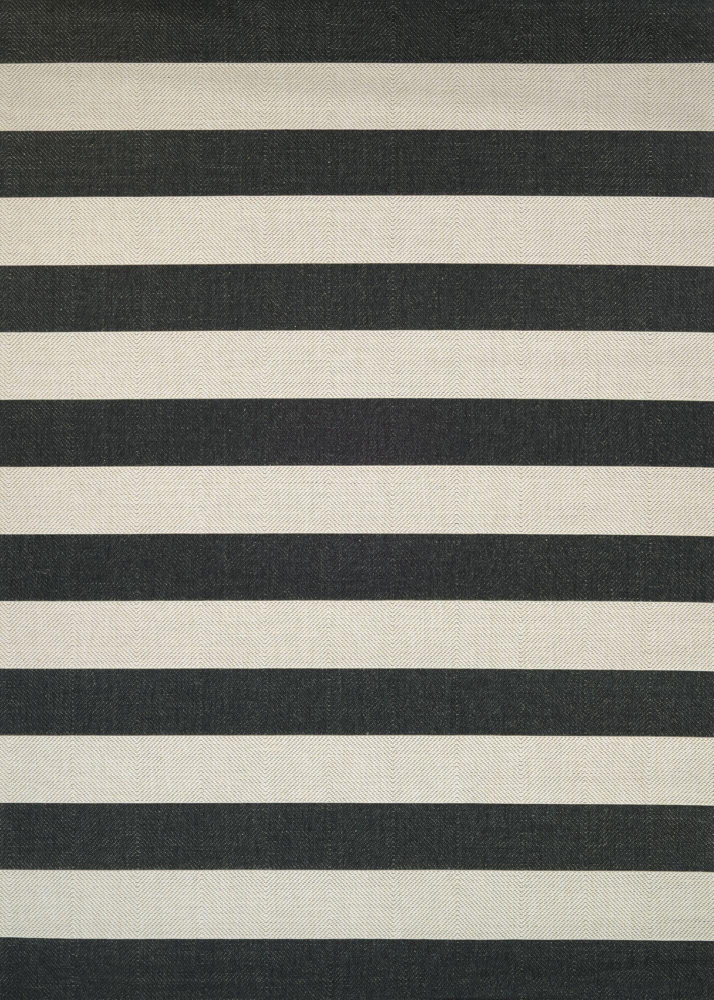 Elegant Black and Ivory Stripe Synthetic Outdoor Rug, 43" x 24"