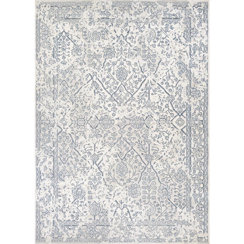 Oyster and Slate Blue Flat Woven Wool Silk Area Rug