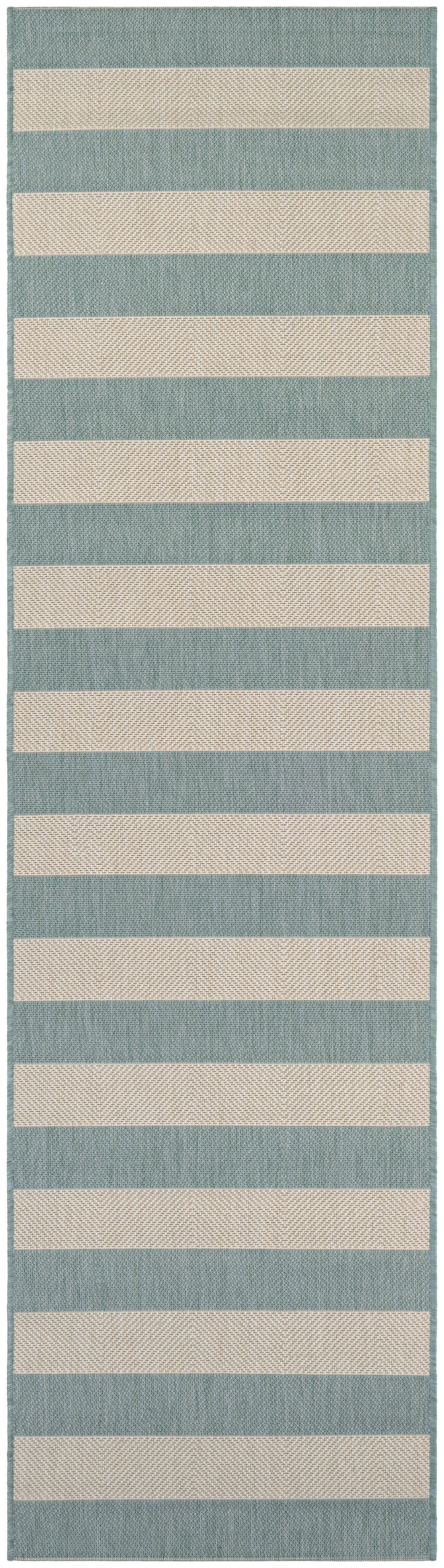 Sea Mist and Ivory Striped Outdoor Runner Rug, 2'2" x 7'10"